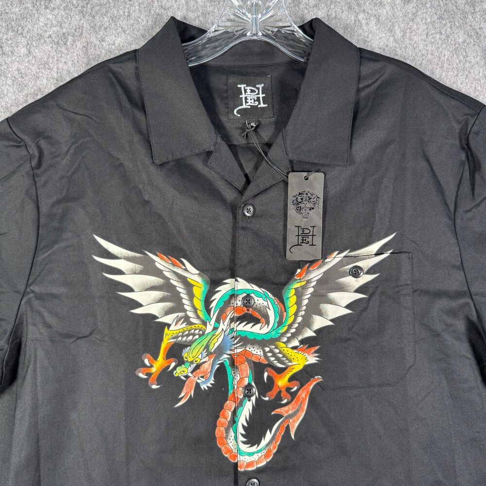 Ed Hardy Tattoo Shirt Mens XL Black Short Sleeve Camp Dragon NWT - Picture 1 of 11